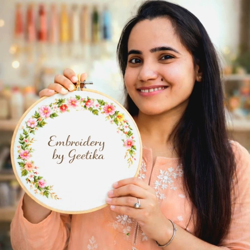 Geetika holding a beautifully embroidered hoop with floral design